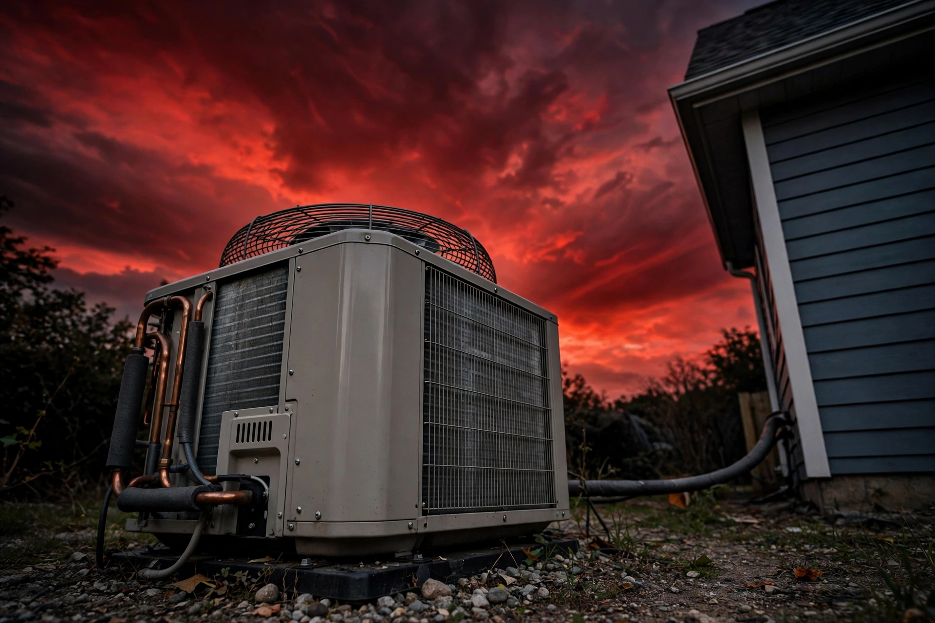 Outdoor condenser unit at dusk