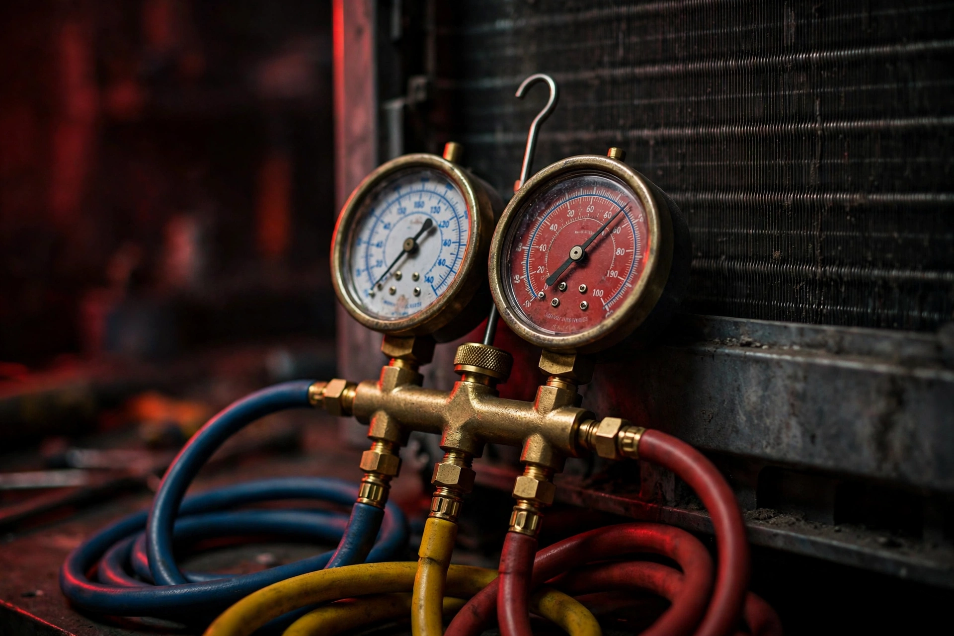 HVAC manifold gauge set with red and blue pressure dials